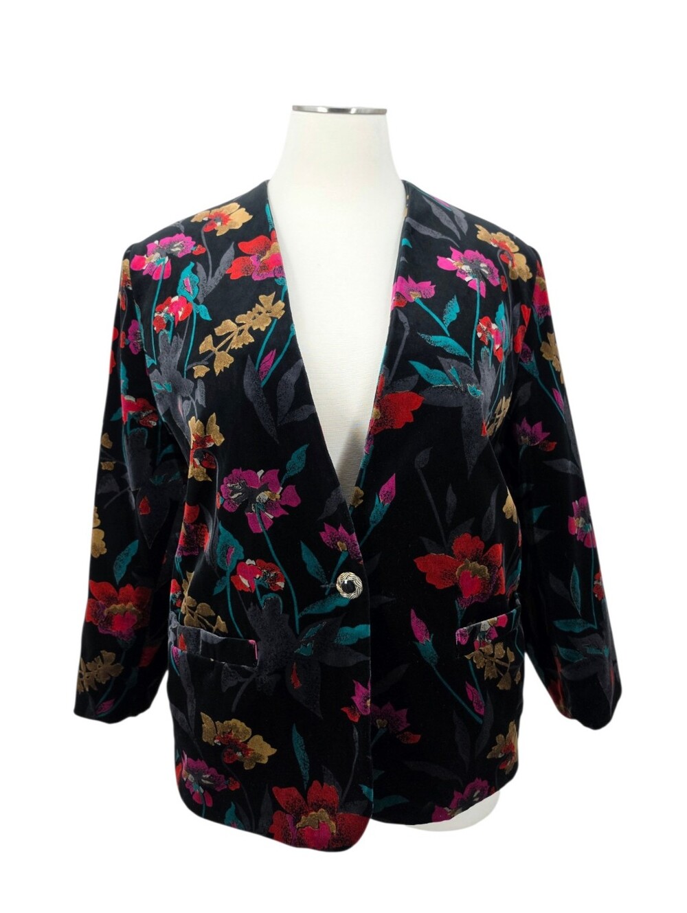 Vintage Cotton Black Velvet with Colorful Florals Blazer Jacket Plus Size 26W